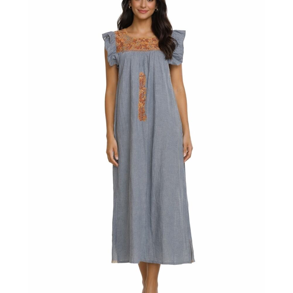 Mi Golondrina Embroidered Cotton Maxi Dress Boho Luxe S